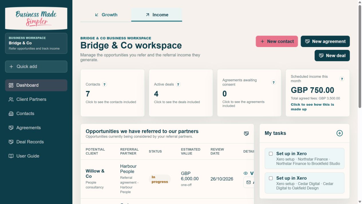 Referral Income workspace with sample deals, scheduled referral income and agreed fees